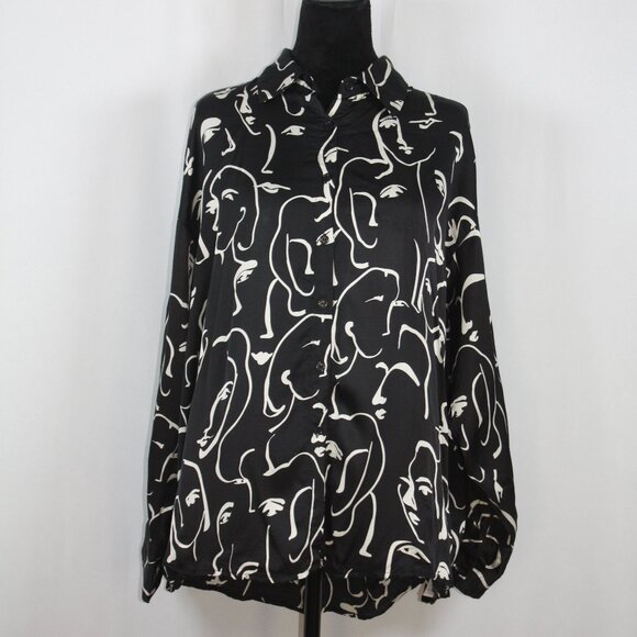 En Saison Black Blouse with Face Pattern Size Medium - Picture 2 of 7